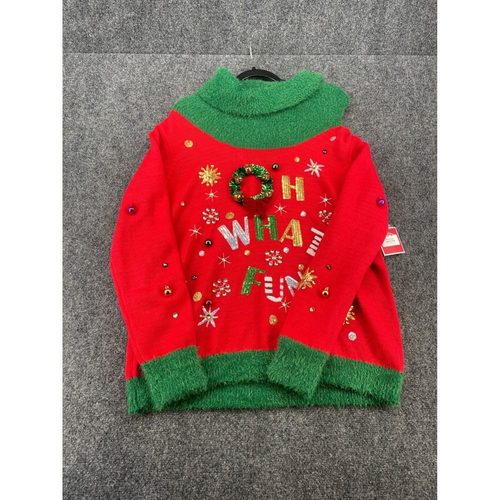 Holiday Time Christmas Pullover Sweater Girls L 12-14 Red Oh What Fun Wreath NWT